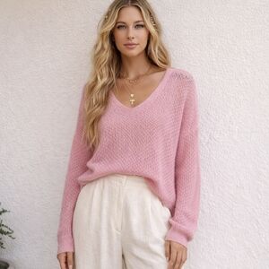 Mango MNG Pink V-Neck Sweater Oversized Wool Blend Pullover Open Knit Sz XXL